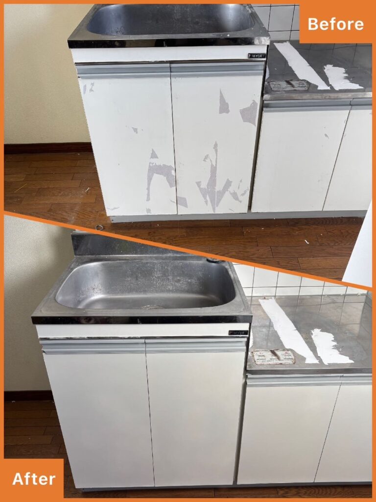 キッチン扉剥がれリペアの施工前と施工後